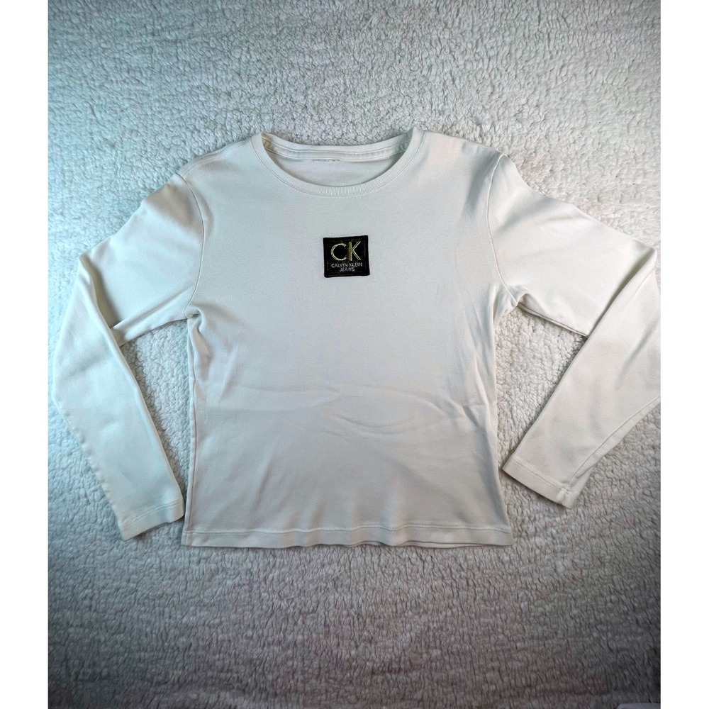 Calvin Klein Jeans Womens Ribbed Long Sleeve Logo Patch Top crewneck Size S